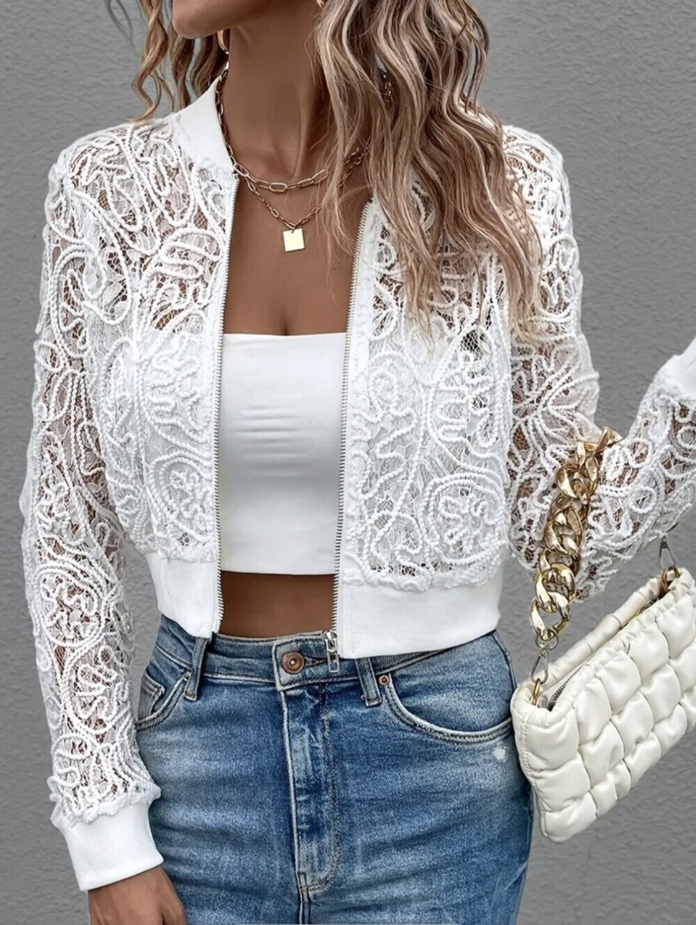 Women's Zip-Up Navel Lace Contrast Pilot Jacket